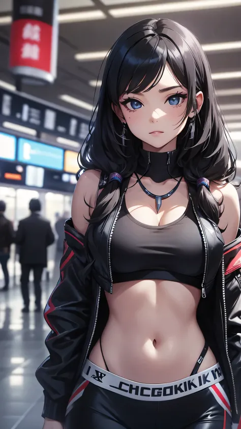 最high quality、best image quality、masterpiece、teenage girl((18-year-old、 By becoming、vest bust、medium bust,wide open breast tea、black eye, black hair、long hair、thin,highest valley、cute makeup、red sports bra、Black sports pants、White Necklace、Blackface Paint、...