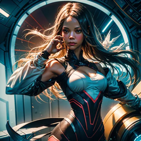 ((Zoe Saldana guckt neugierig)), ((she has round breasts)), ((Startrek)), (ds9st uniform), ((Uniform-Hose)), ((white tank top)), (sie steht in ihrer Kabine auf der Enterprise), (kleiner Kopf), ((detailliertes Gesicht)), Weiches filmisches Licht, ((((Kino-L...