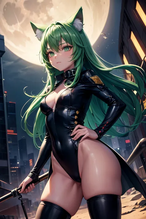 top quality, high resolution, perfect human structure, background focus, dutch angle, wasteland, hand on hip, evening, moon, solitude, glowing hair, cat ears, green hair, futuristic clothes, near future, city, neon colors, multicolored hair, star-shaped pu...