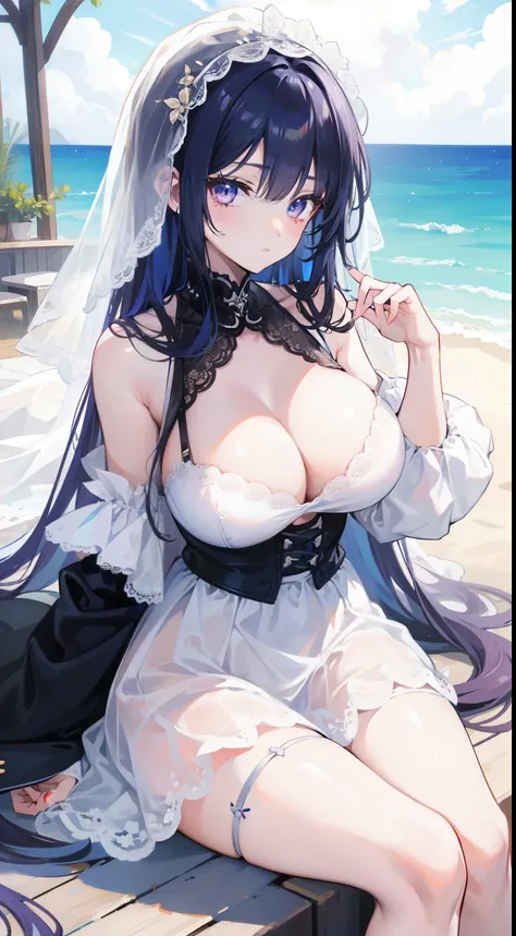 1 girl（masterpiece，top quality，best quality，official art，Beauty and aesthetics：1.2），（Pick and dye your hair，Pick dyeing，The main body is black，The dyed part is white：1.2），white veil，very big ，super huge （Plum），Raised sexy，Attractions，White lace bra，white s...