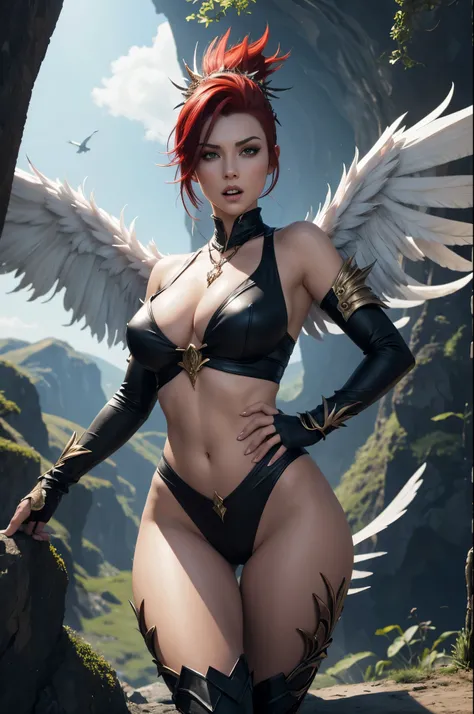 8K,A monster woman with bird wings on both arms.,harpy,Troubling white-skinned wingman,Has sharp bird claws on both feet,red mohawk hair,fantasy art,character art,ultra high resolution,super realistic skin,Precise bird wing details,digital art,beautiful ex...