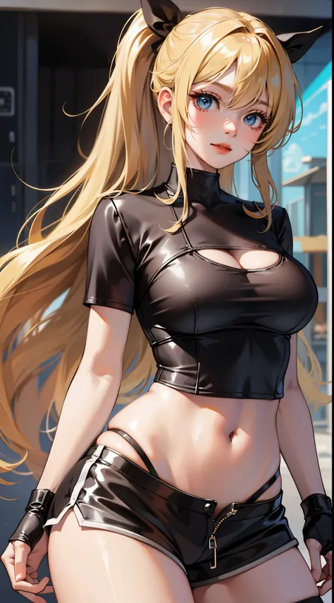 Young girl, long blonde hair, high ponytail, blue eyes, sports top, shorts, big breasts, smile, karambit, masterpiece, high quality