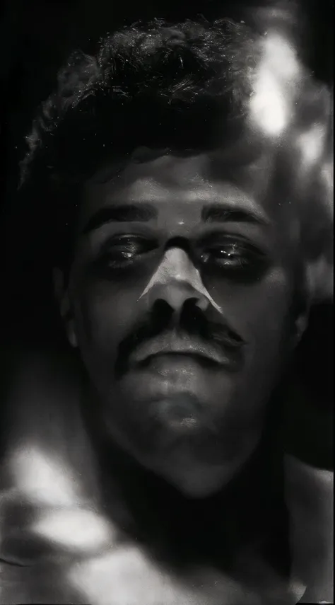 a close up of faaris azura with a nose bandage and a mustache, faaris azura close-up portrait film still, faaris azura closeup shot of face, markings on faaris azuras face, still from a music video, face of faaris azura, faaris azura