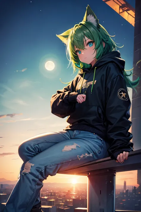 top quality, high resolution, perfect human structure, wasteland, jump, snowboard, from below, evening, moon, solitude, glowing hair, cat ears, green hair, hoodie, jeans, sitting, top angle, clothes, near future, city, neon colors, colorful, graphic design...