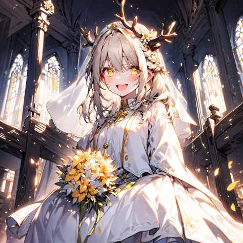 beautiful detailed eyes, beautiful detailed lips, extremely detailed hair, intricate antlers, flowing hair, elegant braided bangs, floral headpiece, stunning yellow eyes, wedding dress, bridal veil, in a church, holding a bouquet of flowers, smiling, open ...