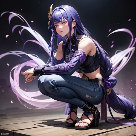 Raiden shogun, tight blue jeans, purple Chinese crop top, long hair, squatting, rare end