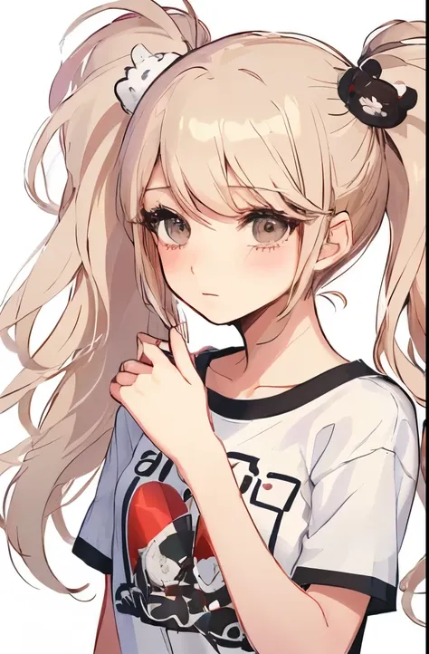 absurdres, 1girl, brown eyes, twintails, long hair, white hair, wide-eyed, eyelashes, looking at viewer, twitchemote, upper body, white background, t-shirt, chibi, emote, facing viewer, (:3:1.0), blush