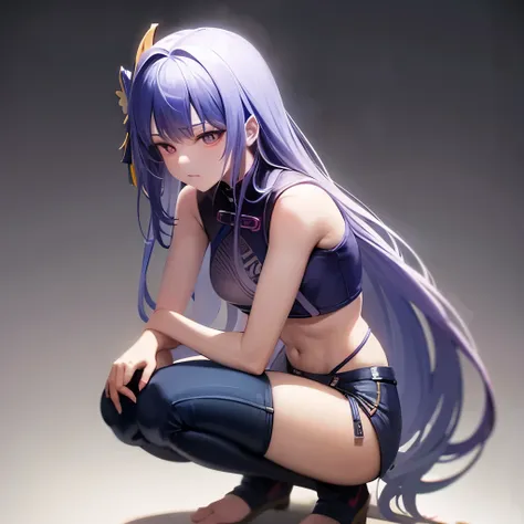 Raiden shogun, tight blue jeans, purple Chinese crop top, long hair, squatting, rare end