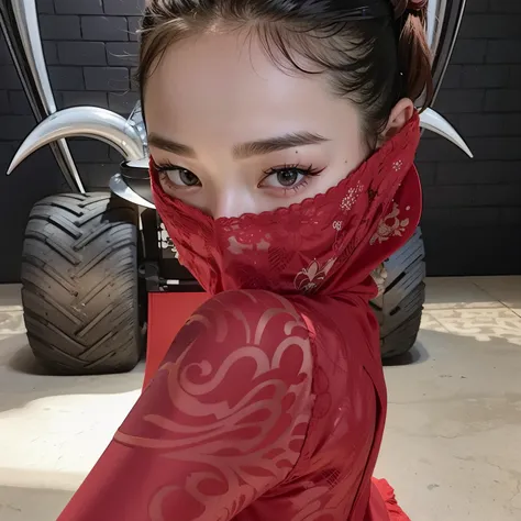 there is a woman wearing a red dress and a red mask, jennie blackpink, iu Lee Ji-eun as a super villain, renda vermelha, Heonhwa Choe, malha vermelha no facede, Park Shin Hye as a supervillain, the mask covers the entire face, Lee Ji-eun, kwak ji jovem, Le...