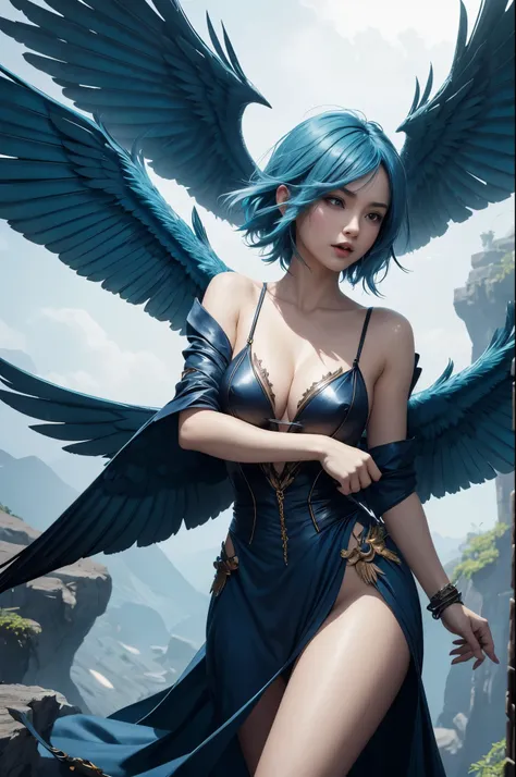 8K,Both arms are bird wingsの魔物の女性,harpy,Troubling white-skinned wingman,Has sharp bird claws on both feet,Blue-haired short-haired,fantasy art,character art,ultra high resolution,super realistic skin,Precise bird wing details,digital art,beautiful expressi...