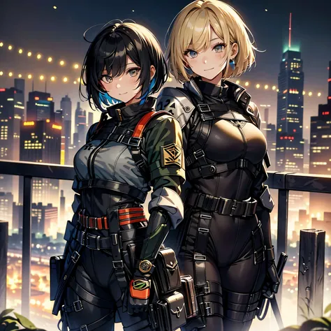 highest quality，T Masterpiece，final solution，Fluffy，非常にcolorful，colorful，female combatant，24-year-old woman，black super short hair，tight combat uniform，tight suit，steel city background，night，normal posture，normal posture、Gentle smile