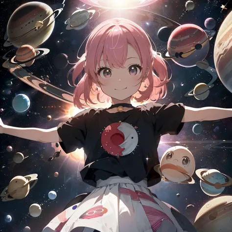 (circle:1.4),,(planets like the solar system:1.35),(A hole like a warp hole with a fantastic pattern in the center:1.2),(20 people in total:1.5),Chibi,cute,smile,girl,In 2024,(pink hair:1.2),