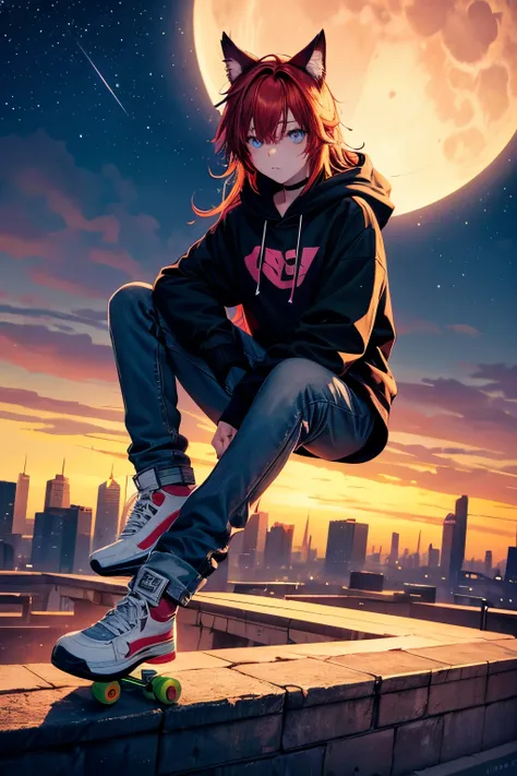 Top quality, high resolution, perfect human structure,, wasteland, jumping, cat ears, skateboarding, from below, evening, night, northern lights, moon, lonely, red hair, headphones, hoodie, jeans, sitting, top angle, clothes, near future, city, neon colors...