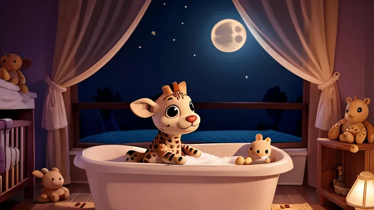 plush giraffe floating in the baby tub in the room lit only by the moonlight outside the window