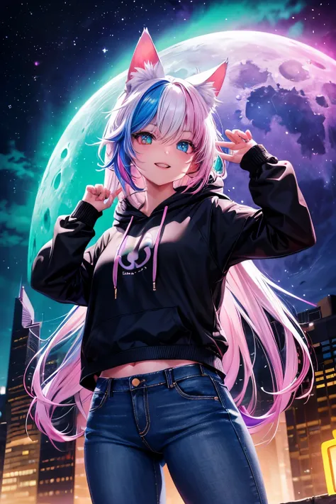 Top quality, high resolution, perfect human structure, dynamic angle, front view, seven-color hair, glowing hair, cat ears, hoodie, jeans, neon colors, colorful, moon, northern lights, night, city, standing, heterochromia, teeth, shining hair, gradient eye...