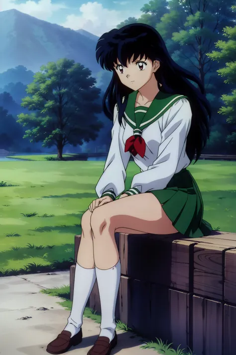 (best quality, masterpiece, highres), kagome higurashi, 1girl, solo, green school uniform, green legs, long sleeves, white socks...