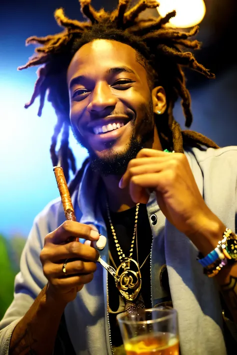 One black man smiling and smoking a joint,cigarette, very stylish, dreadlocks, clear eyes, real picture, tattoo, main reggae core, much joy