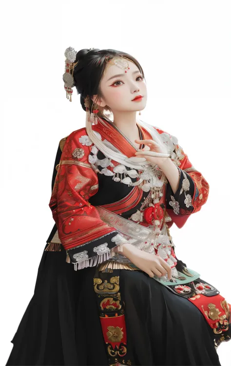 Arafed woman wearing red and black dress sitting on stool, traditional cut suit, traditional clothing, Traditional clothing, traditional clothing, wearing gorgeous clothes, Pair with Chinese clothing, traditional clothing, 中国Traditional clothing, Wearing g...