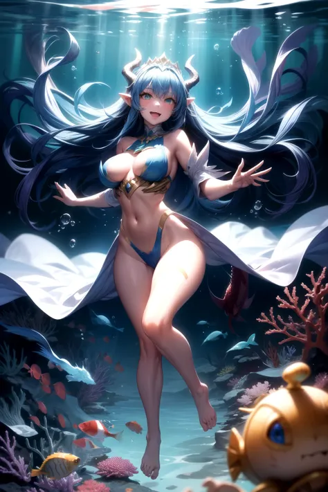  1girl,undersea,underwater,(white dragon horns),fin ears,large breasts,blue shell breastplate,silk,open mouth, smile,(floating) ,floating hair, dragon tails,very long hair, blue hair,green eyes,bubble,glowing eyes.coral,fish,scale,tiara,looking at viewer ,...