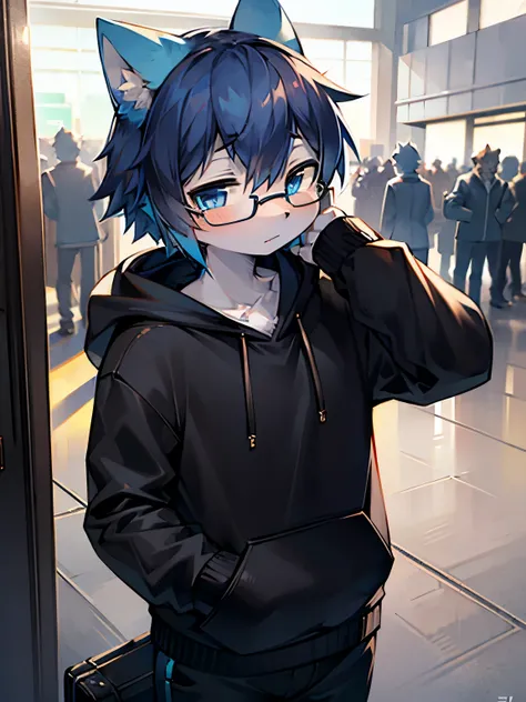 Solo, kemono, blue hair, blue eyes, wear black hoodie, wear black pants, wear black glasses, white luggage behind, look at camera, airport background, daytime, high details