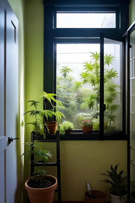 There is a window and a ladder、Bathroom with plants growing from the window sill, dark cannabis, overgrown, environmental art