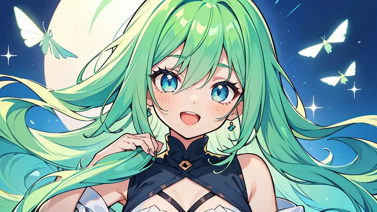 ((A Pretty little girl with green hair and blue eyes)), wearing one-piece dress, Loli face, ((master piece, top-quality, ultra-definition, high resolution)), anime girl, ((ultra-detailed illust:1.2)), only one person, bangs, hair between eye, beautiful hai...