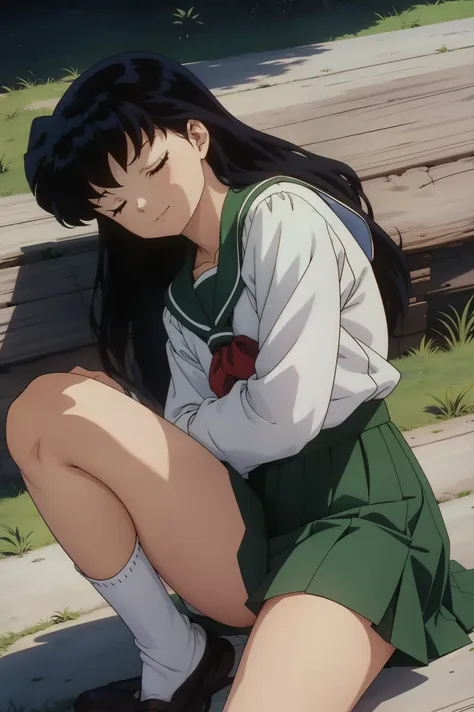 (best quality, masterpiece, highres), kagome higurashi, 1girl, solo, green school uniform, green legs, long sleeves, white socks...