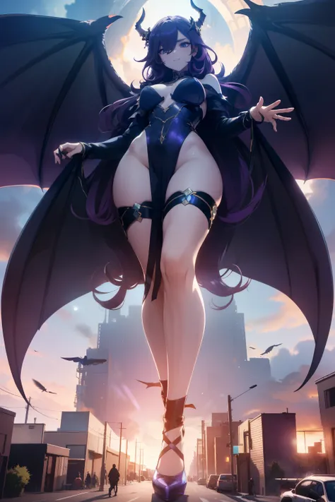 giant girl 50,000 feet high，Have a pair of long legs，Possessing a pair of huge demon wings，Has purple waist-length hair，Loose hair，Wearing a pair of Mary Jane shoes，Purple curly hair，A look of enjoyment，Standing tall in a small town crowded with people, de...