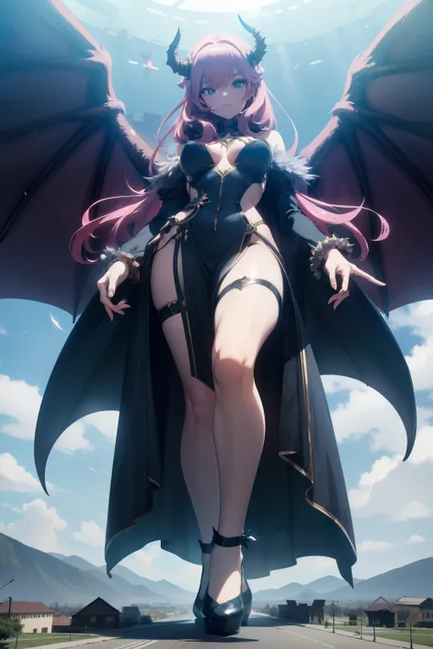 giant girl 50,000 feet high，Have a pair of long legs，Possessing a pair of huge demon wings，Has pink waist-length hair，Loose hair，Wearing a pair of Mary Jane shoes，pink scrunchie，A look of enjoyment，Standing tall in a small town crowded with people, destroy...