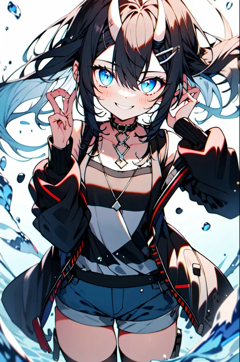 ((top-quality)), ((​masterpiece)), ((ultra-detailliert)), (extremely delicate and beautiful), girl with, 独奏, cold attitude,((Black jacket)),She is very(relax)with  the(Settled down)Looks,A dark-haired, depth of fields,evil smile,Bubble, under the water, Ai...