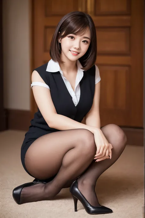 Ulchan-6500-v1.1, (RAW photo:1.2), (Photoreal), beautiful detailed girl, (genuine: 1.4), very detailed目と顔, beautiful and fine eyes, Vests with various patterns、((Sitting with legs aligned:1.3))、(super realistic pantyhose:1.2), (high heels)、((Business servi...