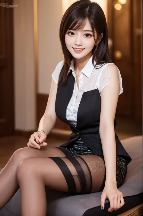 Ulchan-6500-v1.1, (RAW photo:1.2), (Photoreal), beautiful detailed girl, (genuine: 1.4), very detailed目と顔, beautiful and fine eyes, Vests with various patterns、((Sitting with legs aligned:1.3))、(super realistic pantyhose:1.2), (high heels)、((Business servi...