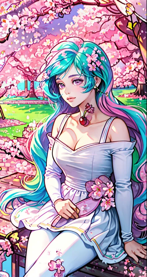 Celestia, celestia from my little pony, celestia in the form of a young woman, big breasts, lush breasts, three tones of hair, blue and pink and green hair, in a garden, pink and purple flowers, solo, one character, white long elegant dress: 1.5, long slee...