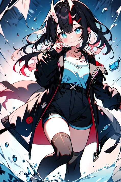 ((top quality)), ((​Masterpiece)), ((Super detailed)), (extremely delicate and beautiful), 女孩and, solo, cold attitude,((black jacket)),She is very(Relax)and(settle down)It seems,A black-haired one, depth of field,evil smile,bubble, under water, bubble,brig...