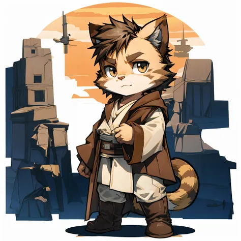 cat wearing jedi outfit from star wars, chibi, standing, background star wars universe, stunning style