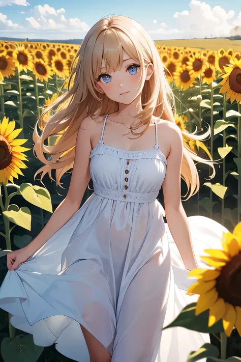 Girl, sunflower field, white dress,