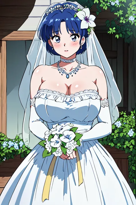 akane_tendo，blue hair，masterpiece, best quality, detailed face, delicate eyes, high resolution, close-up of beautiful bride wear...