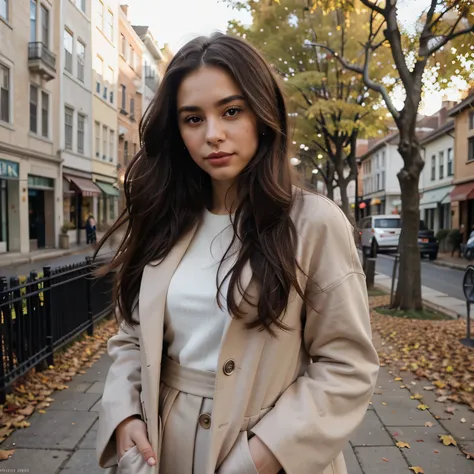 Against the backdrop of a city street adorned with autumn leaves, the influencer dons a pastel-toned coat that harmonizes with the fall foliage. Her chocolate locks, cascading slightly past her shoulders, catch the attention of the wind. The atmosphere is ...