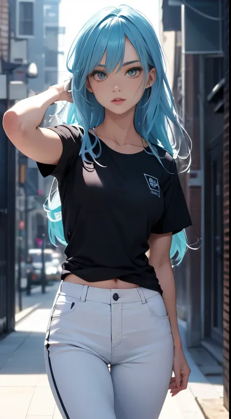 1 girl named Sarah with long light blue hair, dyed loose hair, Peinado largo, rostro perfecto y detallado, joven bonita chica blanca, Modelo de techo caliente, Detallados symmetrical eyes de color verde claro con iris redondos., hermoso, caminar y posar, M...