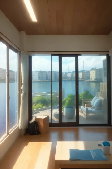 (8K, Raw photo, Highest image quality, Masterpiece, no people: 1.2), (Living room with sufficient brightness: 1.4), spring, You can see the fishing port from the window, Makoto Shinkais works, The wind is blowing