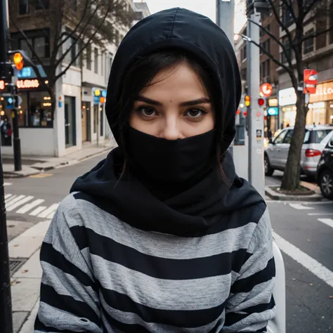 Beautiful girl robber in balaclava and striped clothes