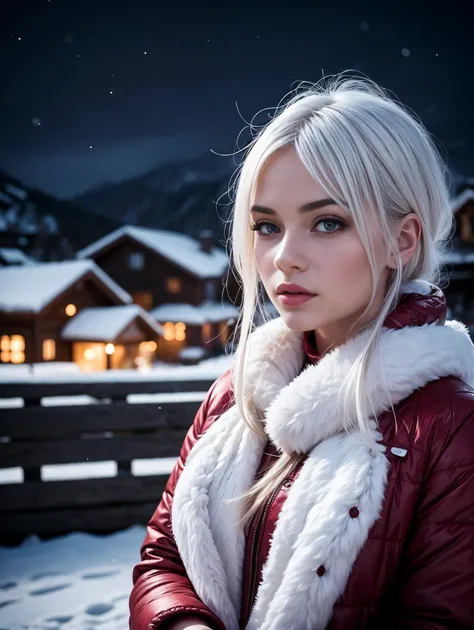 background, a snowy village, winter night, northern lights. Middle ground: an ultra hot european woman, age 23, white hair. foreground: (blurry) red roses 