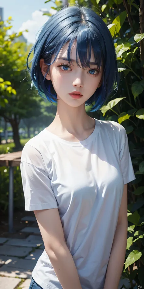 1girl, blue hair, red eyes, short hair,high quality, ultra detailed, masterpiece, realistic,white t-shirt 