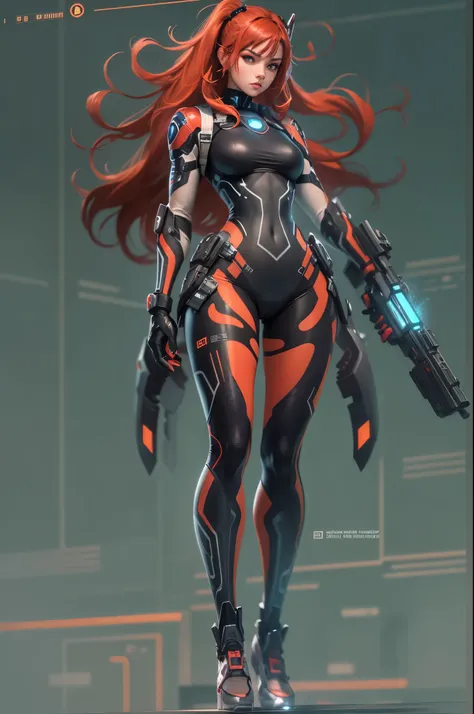 1girl,Future technology clothing，（Red latex tights：1.3），（Luminous array lights on clothes），Soft light，Mechanical belt，（high-tech weapon：1.3），Future technology hair bundle，Android，Super Soldier，dynamic poses，shooting，Holographic screen background，Super stun...