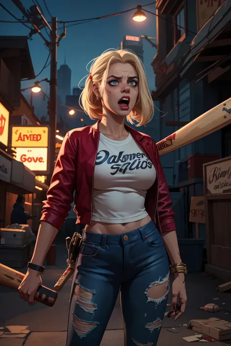 estilo GTA, tela de carregamento GTA, GTA art, Retrato de Harley Quinn in dynamic pose, in The Walking Dead style , (((baseball bat in hand))), ((mad facial expression)), crazy girl, rindo, noite, altamente detalhado, rosto detalhado, epic, high definition...