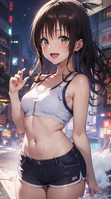 1 female,black hair,((12 years old)),(((white and blue sports bra and shorts)))(((blush、open mouth smile)),(((yuki mikan))),crow...