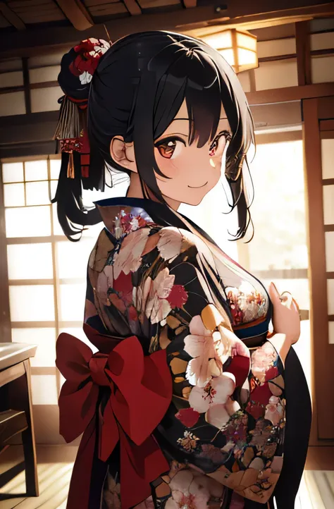 best image quality、(１woman、black hair、slender body shape、small breasts、thin face)、All long hair up-style、現実的なwoman、kimono、kimono、red kimono、luxury、luxury kimono、Glossiness、(long sleeve)、flower、thick patterned belt、(patterned back ribbon)、(print 沢山のflower、全...