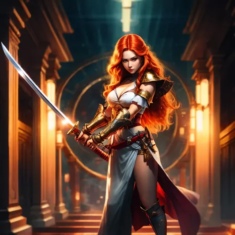  woman holding a sword in her hand, she is holding a katana, katana, a beautiful woman warrior,sexy, redhead, long hair, beautiful, high res, full body,8k, golden gauntlets, sharp, detailed, seductive face, detailed face