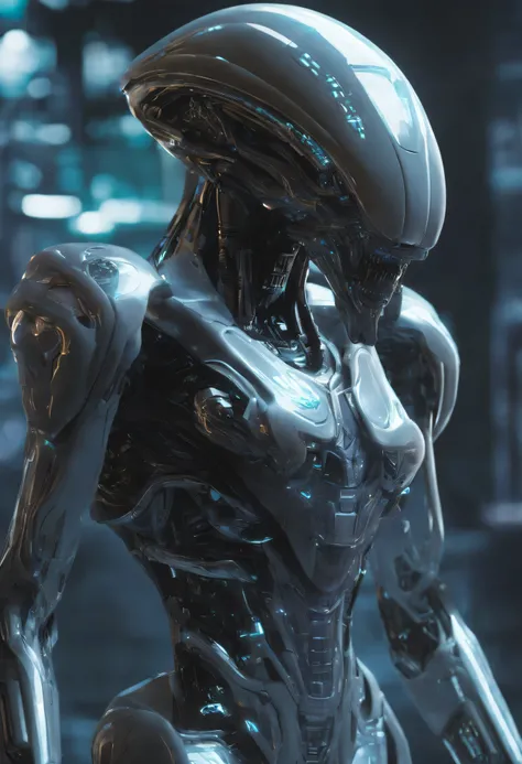 A translucent ethereal alien，A mech wearing a ceramic glaze luster，Hard surface performance，streamlined line design，It has refined features in a sci-fi environment, glowing from within, Sparks and lights,   Close-up, Realistic, Highly detailed, iintricate