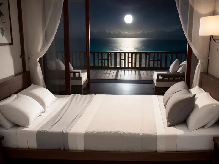 Best quality, ultra-detailed, gray satin single bed at the centre, Bali bedroom style, Background:wide open window, flowing curtains, night beach panorama, moon and stars